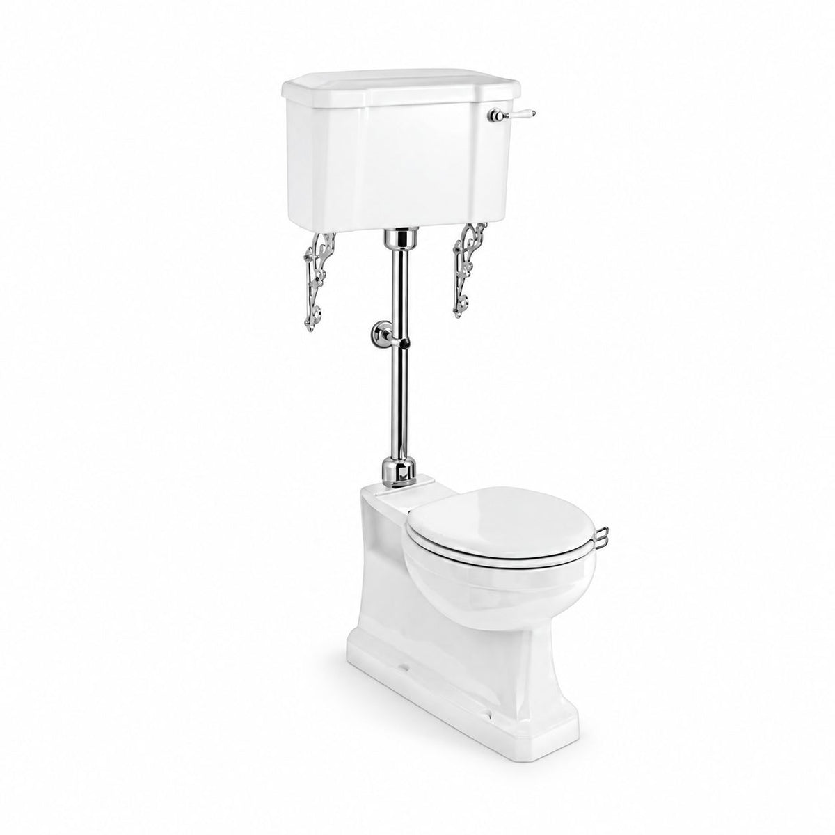 Toalettstol Burlington mellanhög standard smal cistern 44 cm S-lås med soft close-sits och spolvred i krom + spolrörskit