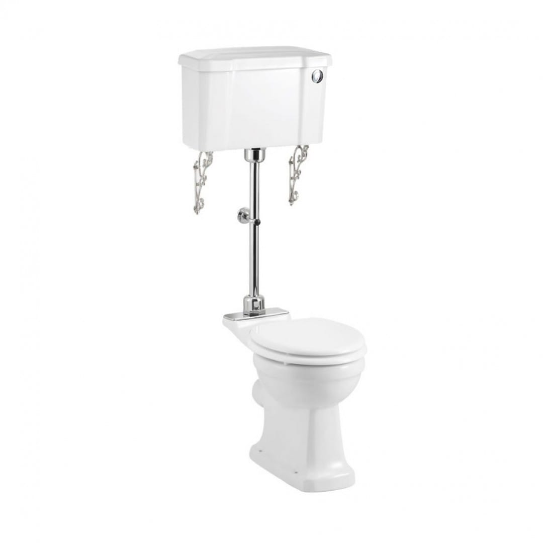 Toalettstol Burlington mellanhög standard smal cistern 44 cm med soft close-sits och spolknapp i krom + spolrörskit