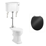 Toalettstol Burlington mellanhög standard smal cistern 44 cm med soft close-sits och spolknapp i krom + spolrörskit, sits blank svart