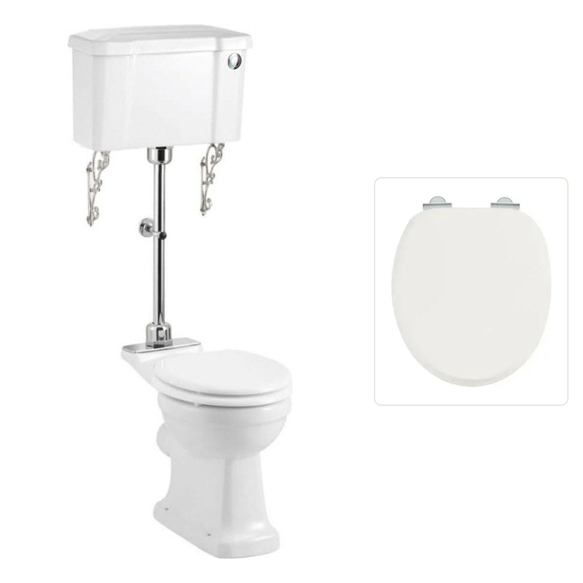 Toalettstol Burlington mellanhög standard smal cistern 44 cm med soft close-sits och spolknapp i krom + spolrörskit, sits blank vit