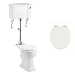 Toalettstol Burlington mellanhög standard smal cistern 44 cm med soft close-sits och spolknapp i krom + spolrörskit, sits blank vit