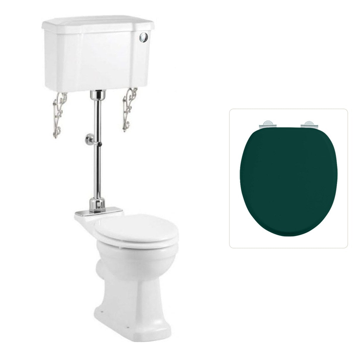 Toalettstol Burlington mellanhög standard smal cistern 44 cm med soft close-sits och spolknapp i krom + spolrörskit, sits matt grön