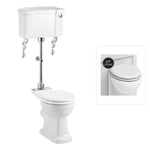 Toalettstol Burlington mellanhög standard smal cistern 44 cm med soft close-sits och spolknapp i krom + spolrörskit, sits matt vit