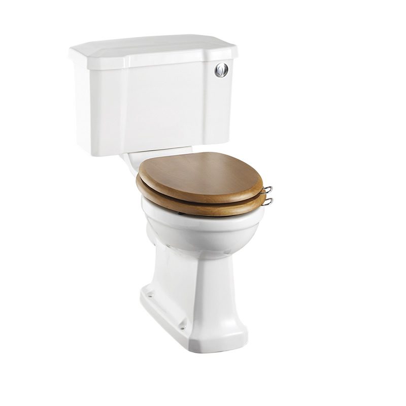 Toalettstol Burlington rimless med soft close-sits bred cistern 52 cm och spolknapp i krom