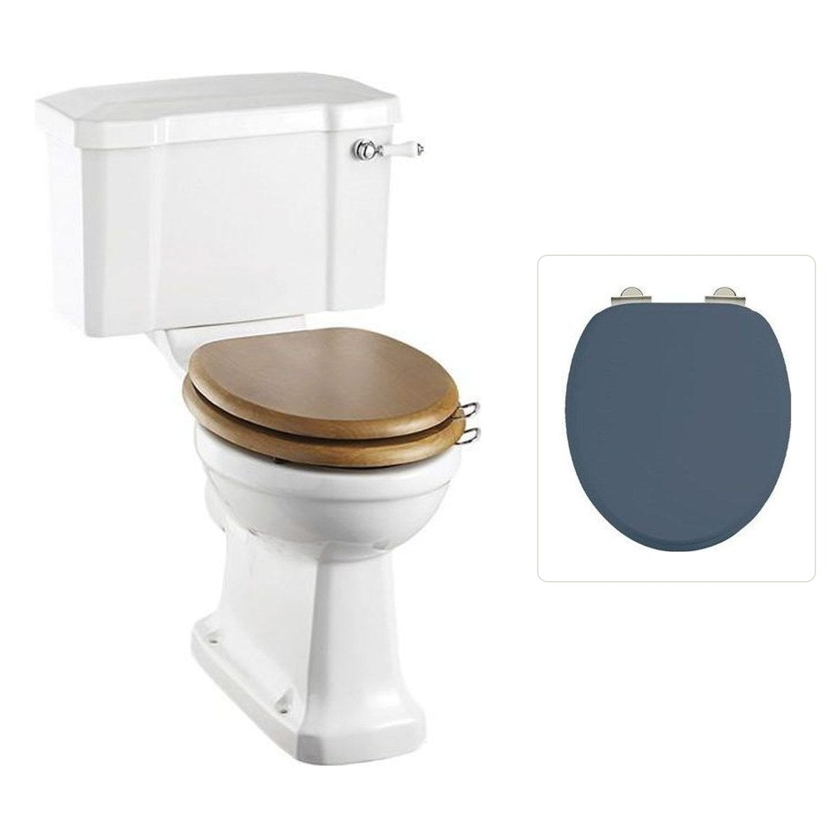 Toalettstol Burlington rimless med soft close-sits bred cistern 52 cm och spolvred i krom, sits blå