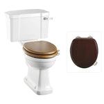Toalettstol Burlington rimless med soft close-sits bred cistern 52 cm och spolvred i krom, sits blank mahogny