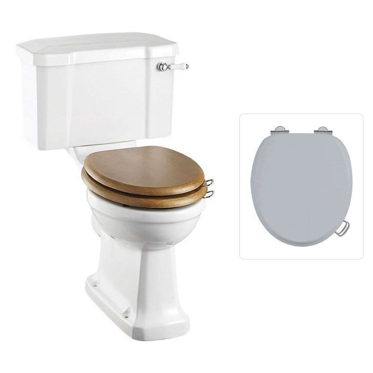 Toalettstol Burlington rimless med soft close-sits bred cistern 52 cm och spolvred i krom, sits grå