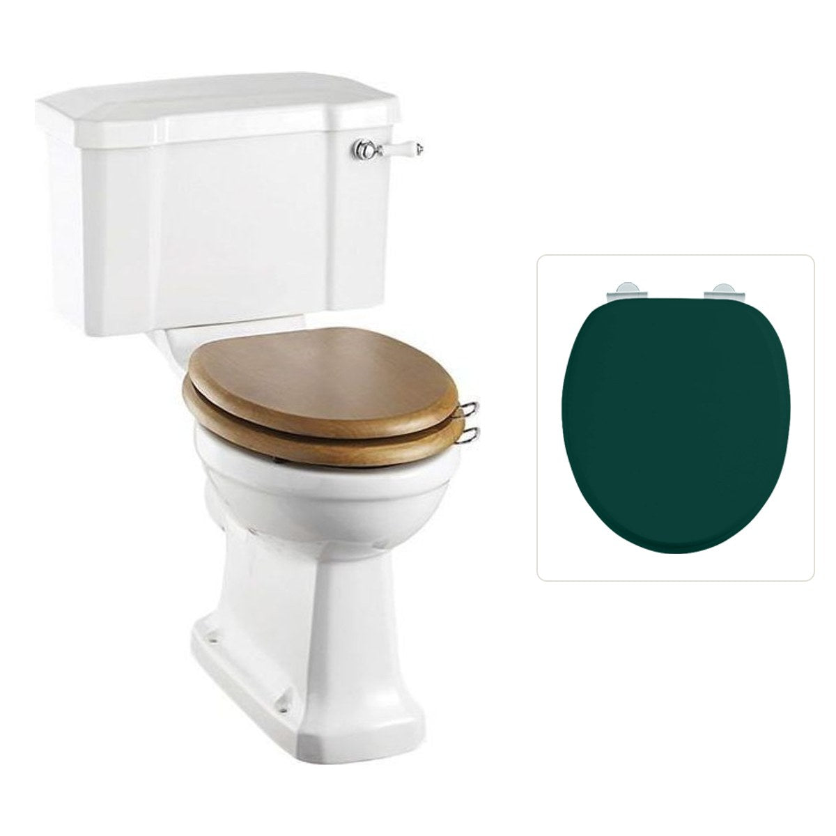 Toalettstol Burlington rimless med soft close-sits bred cistern 52 cm och spolvred i krom, sits matt grön