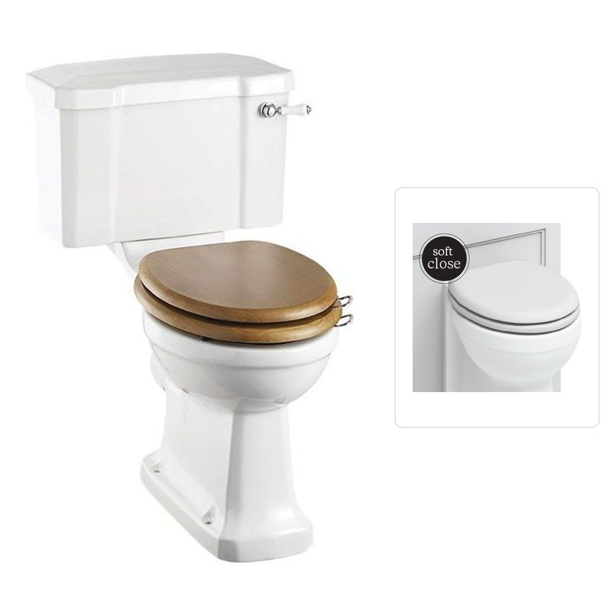 Toalettstol Burlington rimless med soft close-sits bred cistern 52 cm och spolvred i krom, sits matt vit