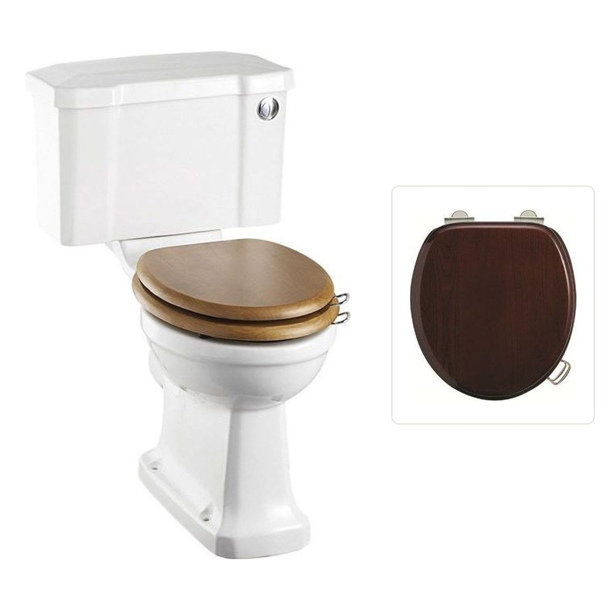 Toalettstol Burlington rimless med soft close-sits smal cistern 44 cm och spolknapp i krom, sits blank mahogny