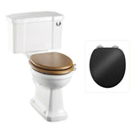 Toalettstol Burlington rimless med soft close-sits smal cistern 44 cm och spolknapp i krom, sits blank svart