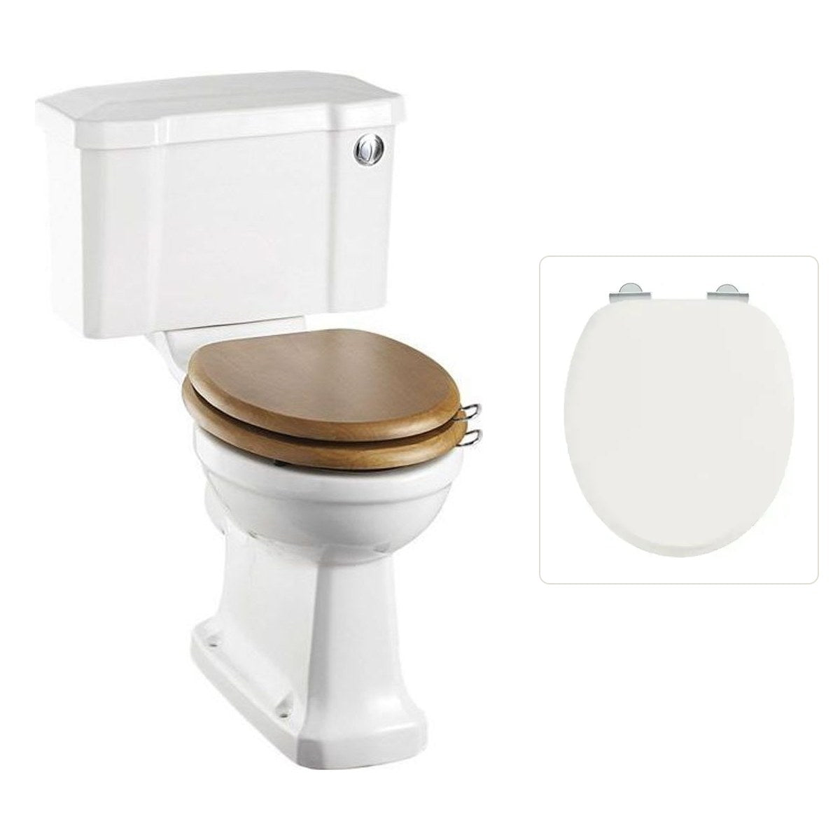 Toalettstol Burlington rimless med soft close-sits smal cistern 44 cm och spolknapp i krom, sits blank vit