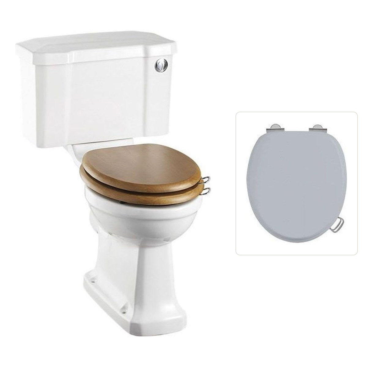 Toalettstol Burlington rimless med soft close-sits smal cistern 44 cm och spolknapp i krom, sits grå