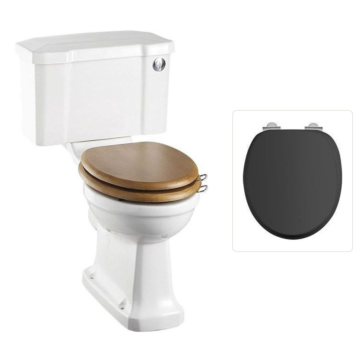 Toalettstol Burlington rimless med soft close-sits smal cistern 44 cm och spolknapp i krom, sits matt svart