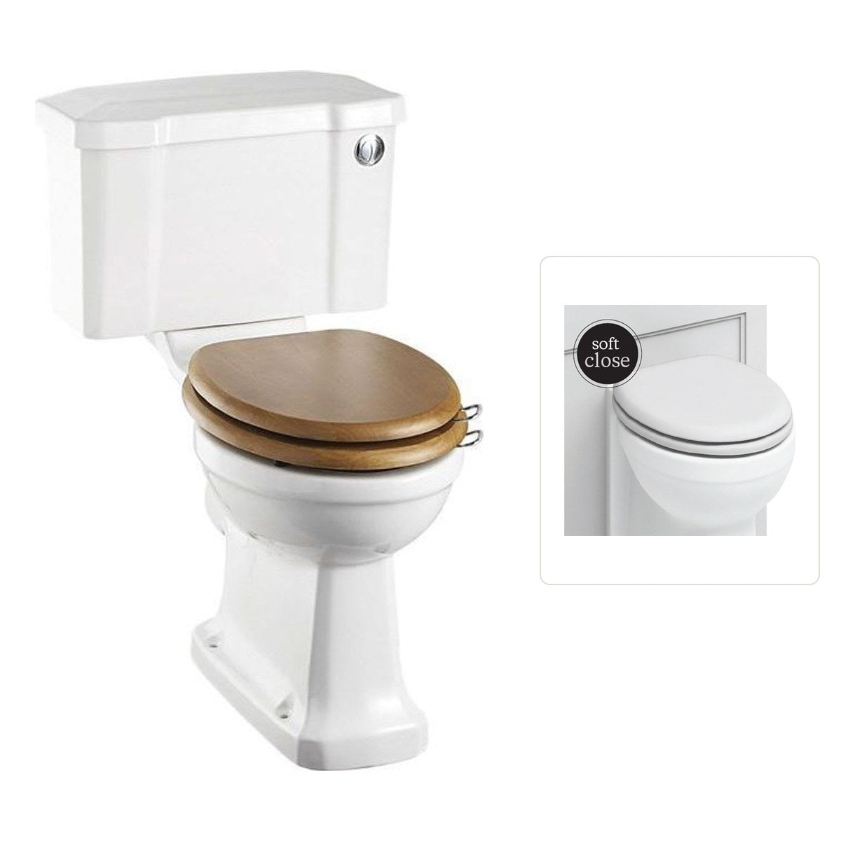 Toalettstol Burlington rimless med soft close-sits smal cistern 44 cm och spolknapp i krom, sits matt vit