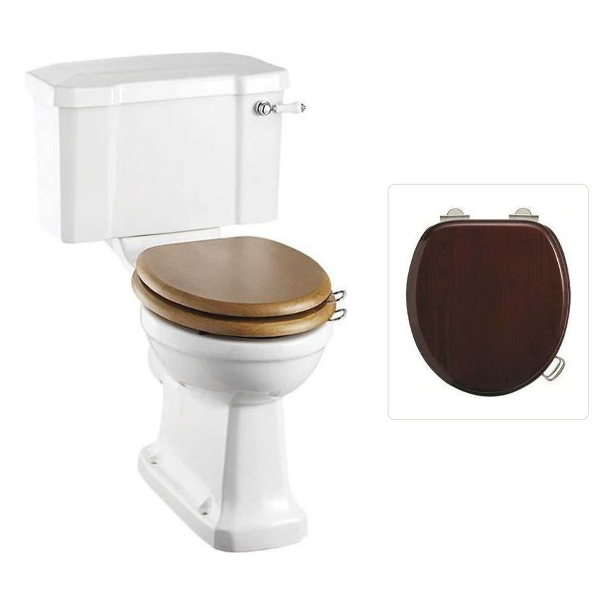 Toalettstol Burlington rimless med soft close-sits smal cistern 44 cm och spolvred i krom, sits blank mahogny