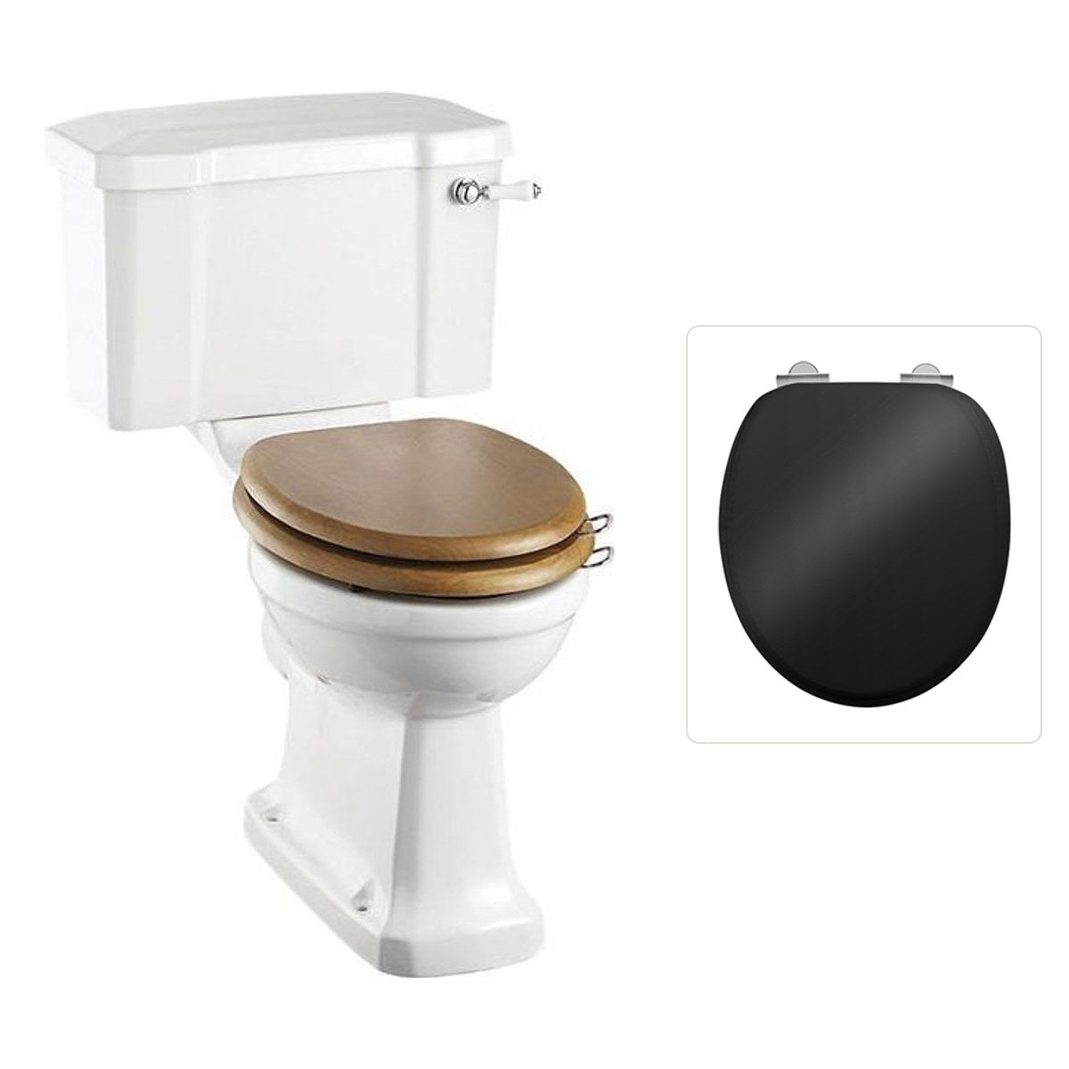 Toalettstol Burlington rimless med soft close-sits smal cistern 44 cm och spolvred i krom, sits blank svart