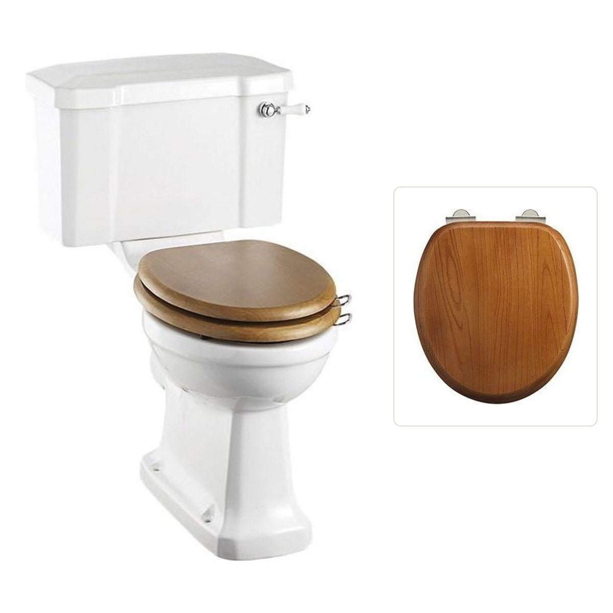 Toalettstol Burlington rimless med soft close-sits smal cistern 44 cm och spolvred i krom, sits ek