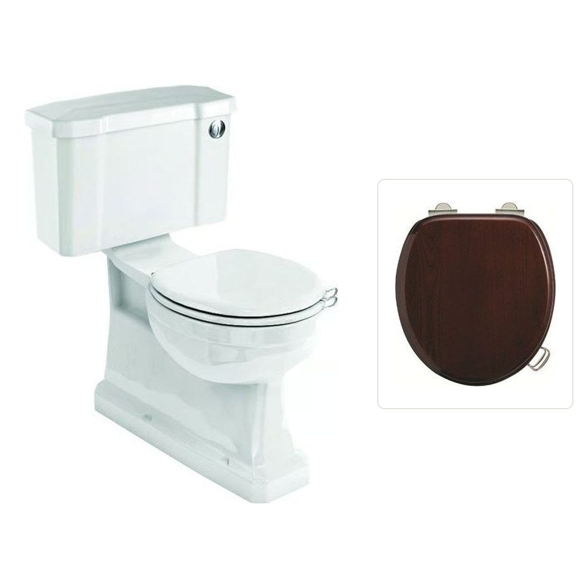 Toalettstol Burlington standard bred cistern 52 cm S-lås med soft close-sits och spolknapp i krom, sits blank mahogny