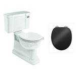 Toalettstol Burlington standard bred cistern 52 cm S-lås med soft close-sits och spolknapp i krom, sits blank svart