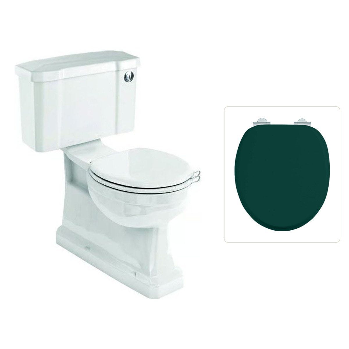Toalettstol Burlington standard bred cistern 52 cm S-lås med soft close-sits och spolknapp i krom, sits matt grön