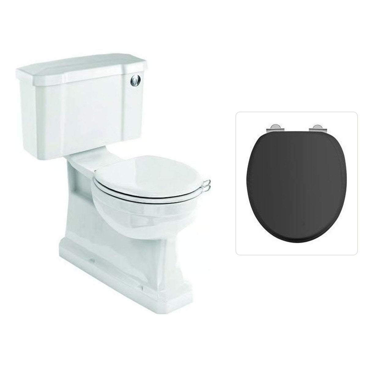 Toalettstol Burlington standard bred cistern 52 cm S-lås med soft close-sits och spolknapp i krom, sits matt svart