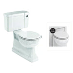Toalettstol Burlington standard bred cistern 52 cm S-lås med soft close-sits och spolknapp i krom, sits matt vit