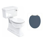Toalettstol Burlington standard bred cistern 52 cm S-lås med soft close-sits och spolvred i krom, sits blå