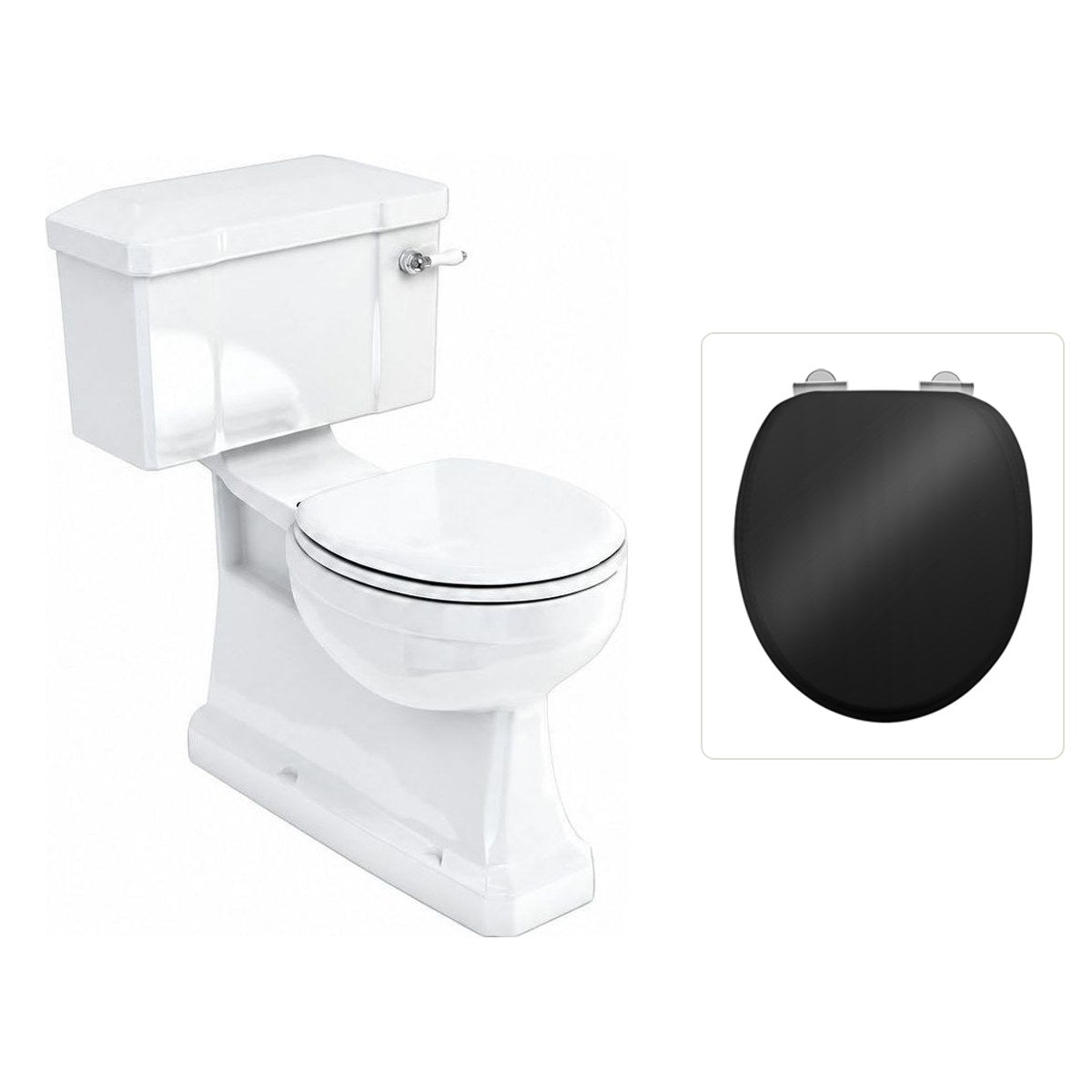 Toalettstol Burlington standard bred cistern 52 cm S-lås med soft close-sits och spolvred i krom, sits blank svart