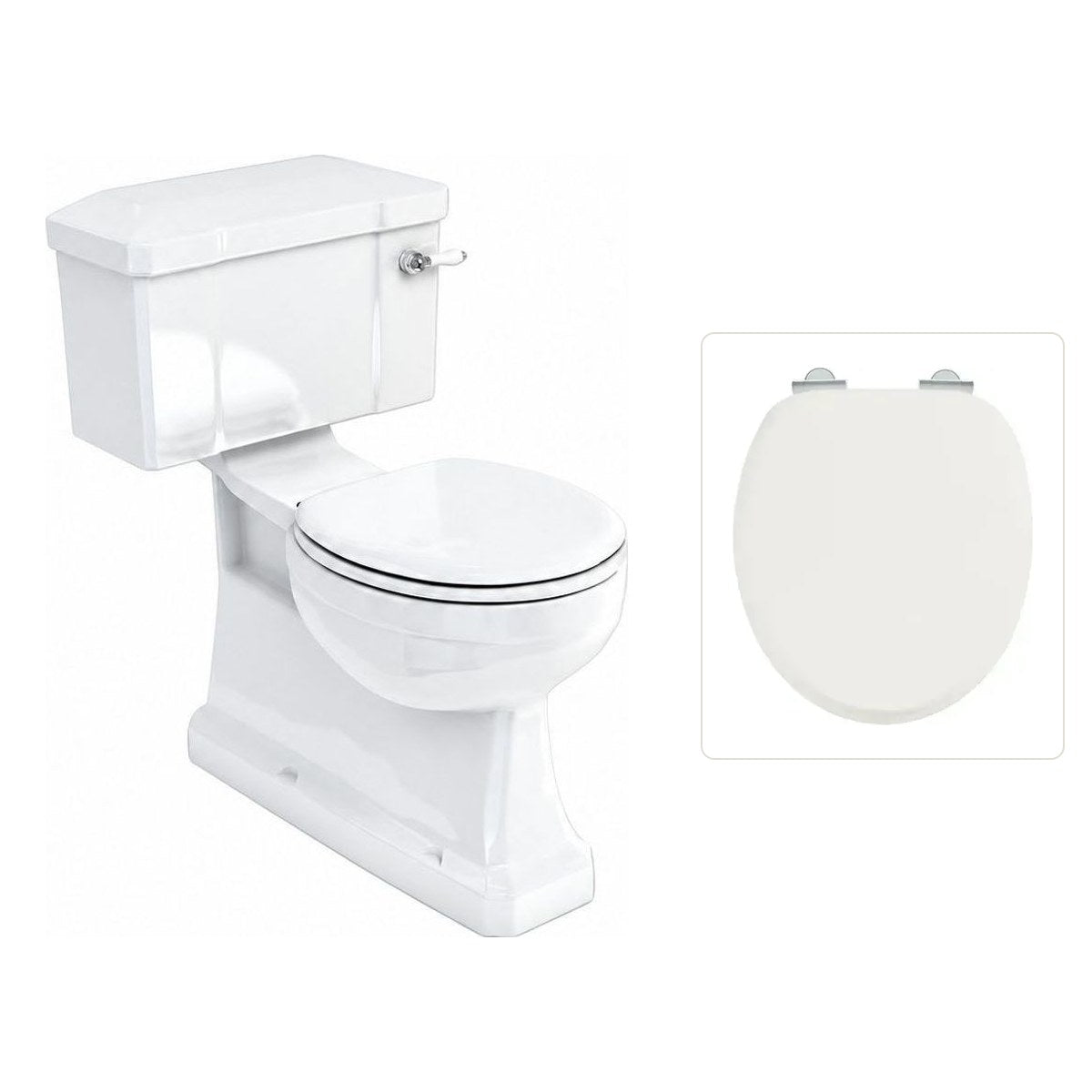 Toalettstol Burlington standard bred cistern 52 cm S-lås med soft close-sits och spolvred i krom, sits blank vit