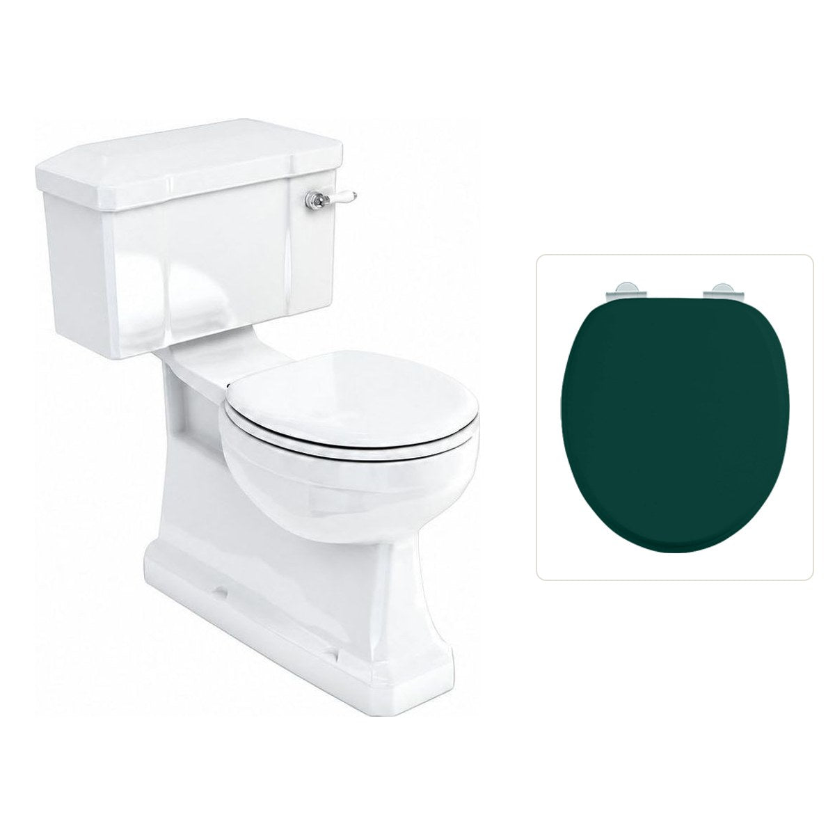 Toalettstol Burlington standard bred cistern 52 cm S-lås med soft close-sits och spolvred i krom, sits matt grön