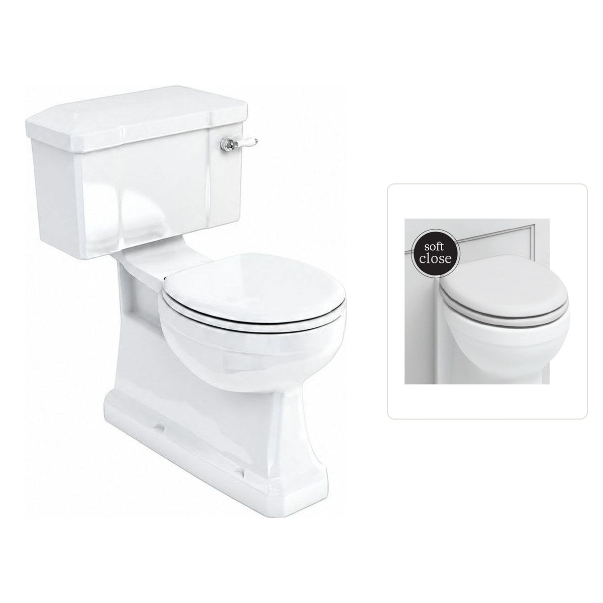 Toalettstol Burlington standard bred cistern 52 cm S-lås med soft close-sits och spolvred i krom, sits matt vit