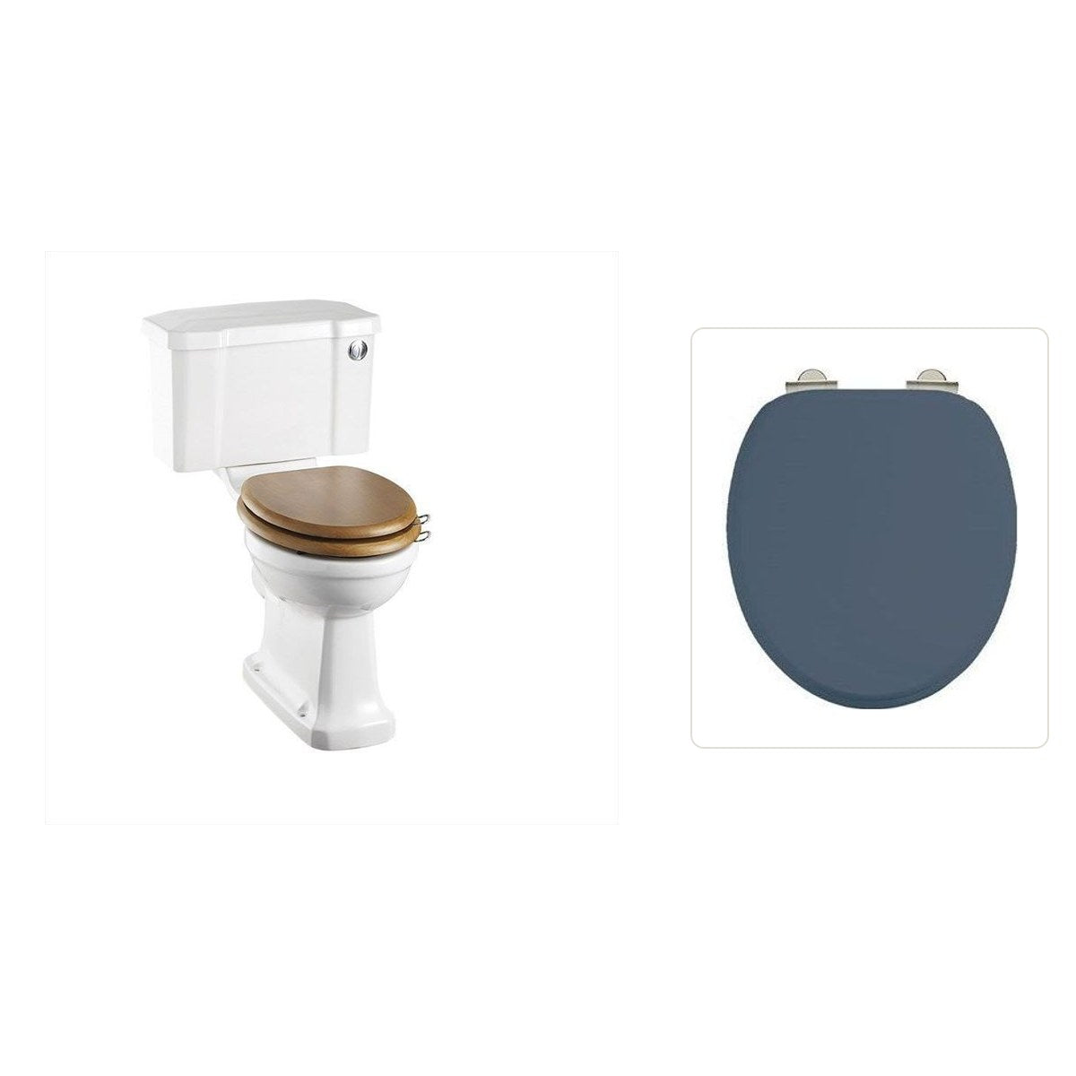 Toalettstol Burlington standard bred cistern 52 cm med soft close-sits och spolknapp i krom, sits blå