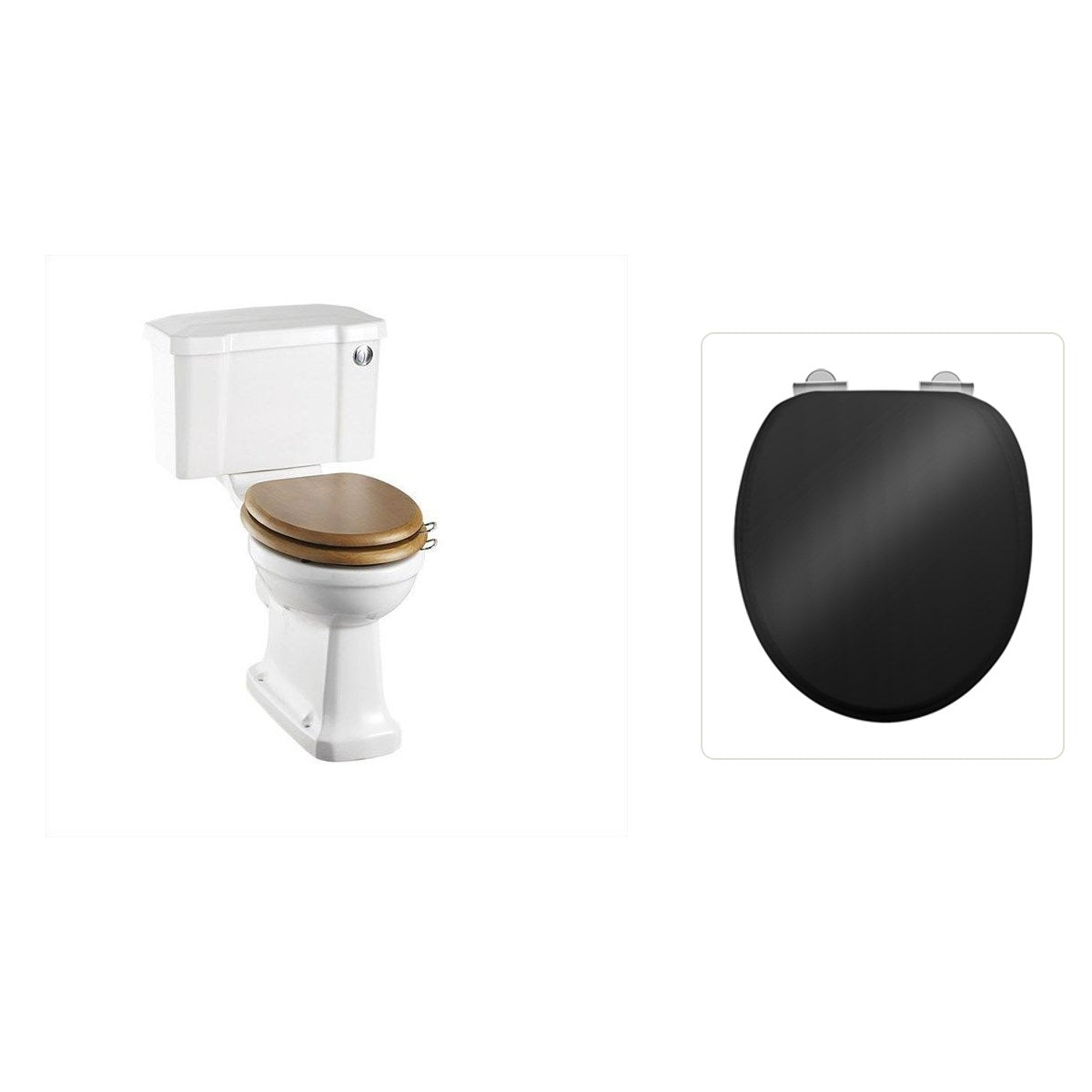 Toalettstol Burlington standard bred cistern 52 cm med soft close-sits och spolknapp i krom, sits blank svart