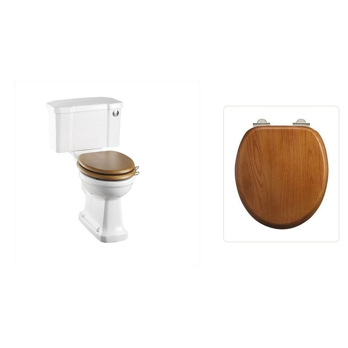 Toalettstol Burlington standard bred cistern 52 cm med soft close-sits och spolknapp i krom, sits ek