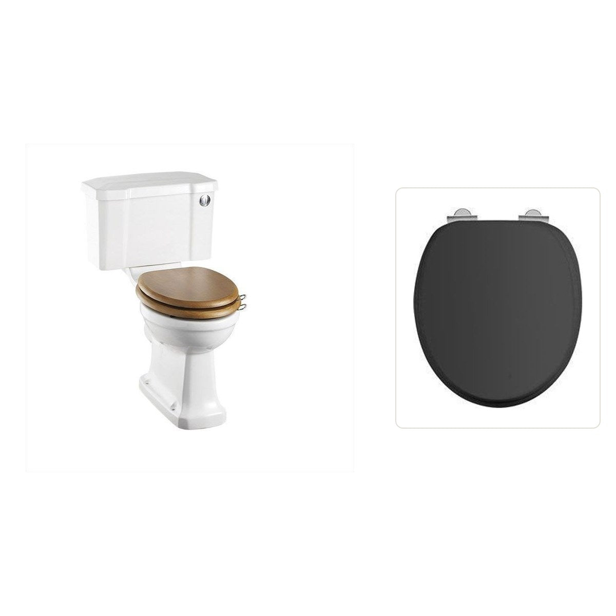 Toalettstol Burlington standard bred cistern 52 cm med soft close-sits och spolknapp i krom, sits matt svart