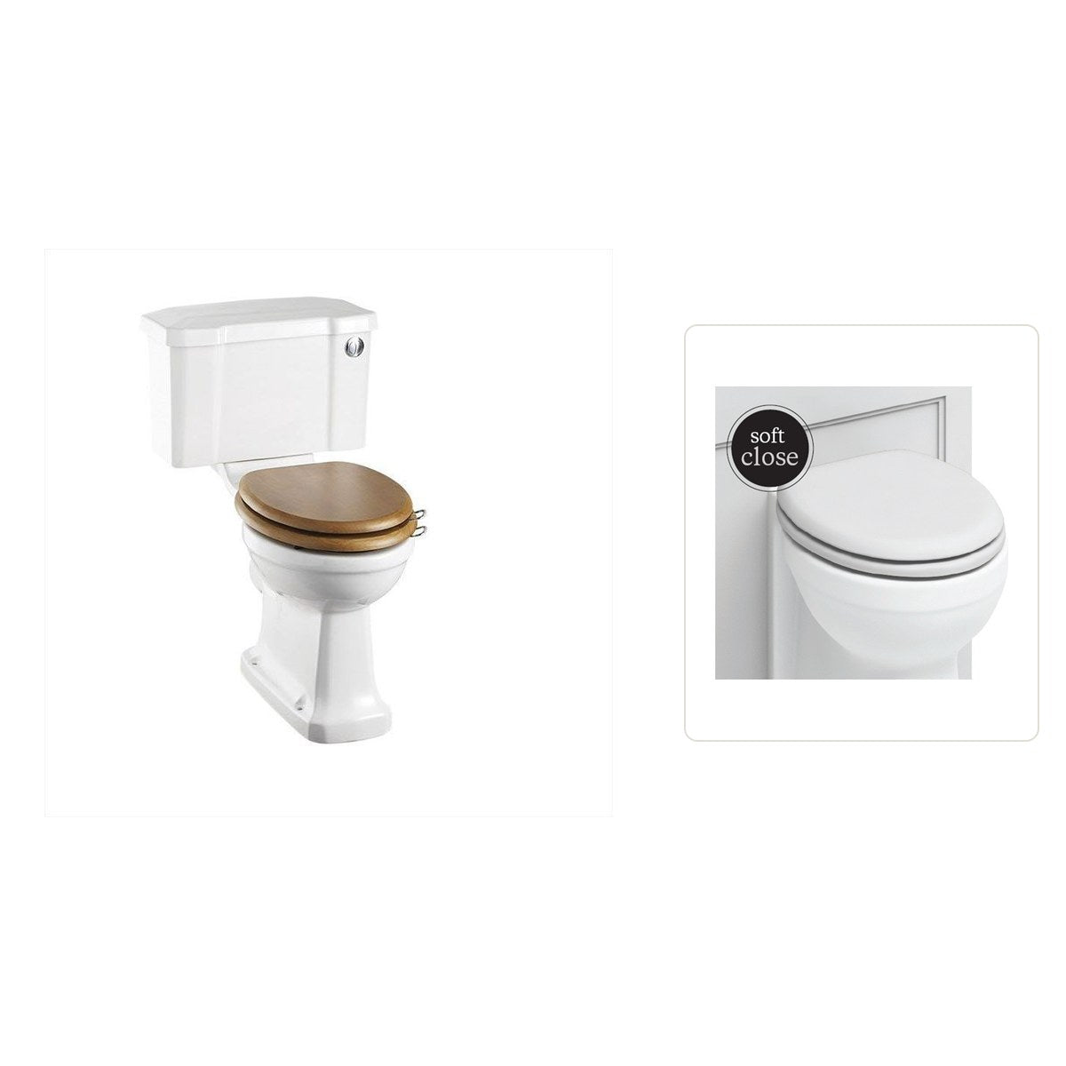 Toalettstol Burlington standard bred cistern 52 cm med soft close-sits och spolknapp i krom, sits matt vit
