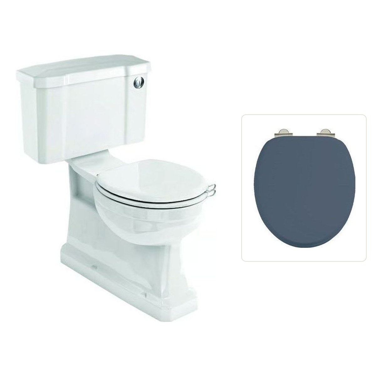 Toalettstol Burlington standard smal cistern 44 cm S-lås med soft close-sits och spolknapp i krom, sits blå