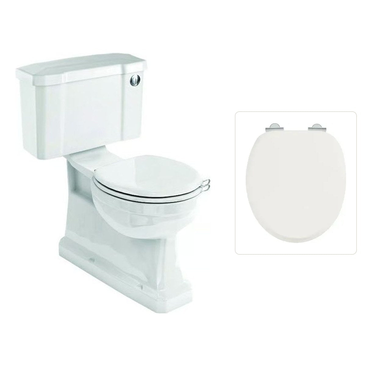 Toalettstol Burlington standard smal cistern 44 cm S-lås med soft close-sits och spolknapp i krom, sits blank vit