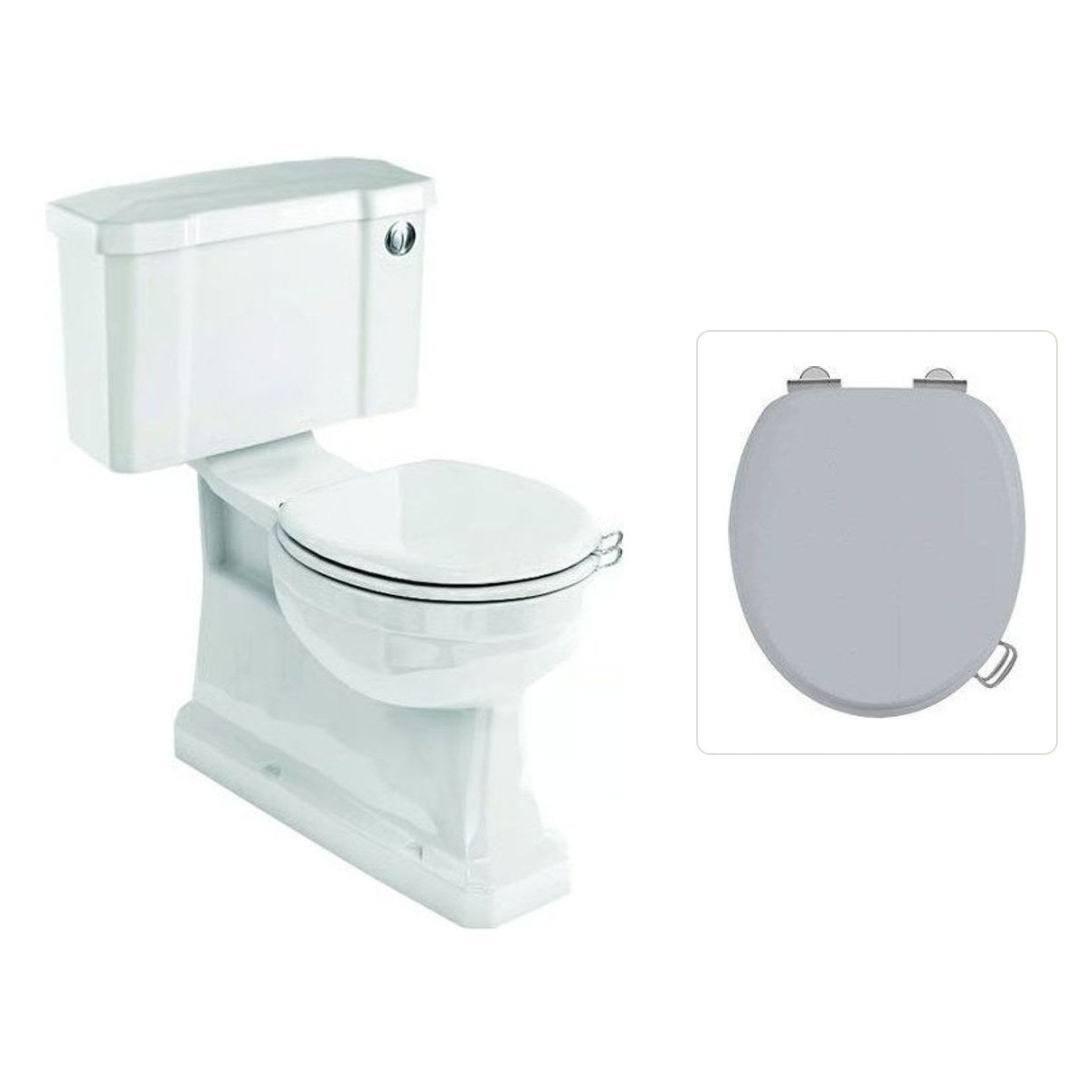 Toalettstol Burlington standard smal cistern 44 cm S-lås med soft close-sits och spolknapp i krom, sits grå