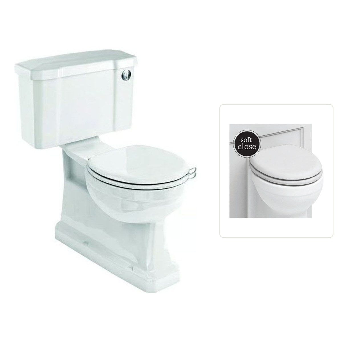 Toalettstol Burlington standard smal cistern 44 cm S-lås med soft close-sits och spolknapp i krom, sits matt vit