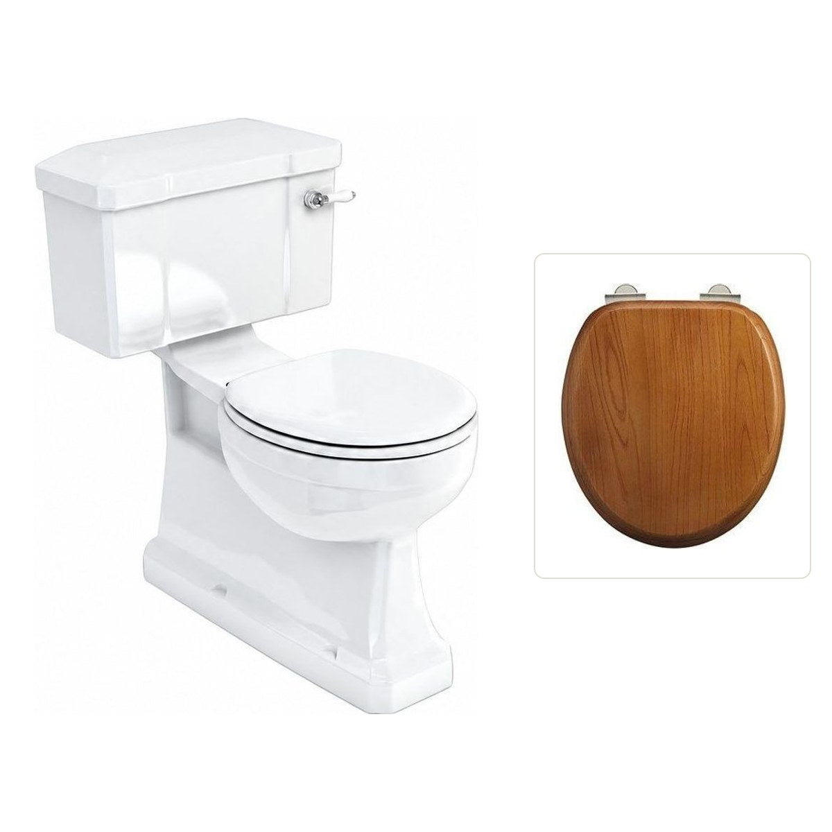 Toalettstol Burlington standard smal cistern 44 cm S-lås med soft close-sits och spolvred i krom, sits ek