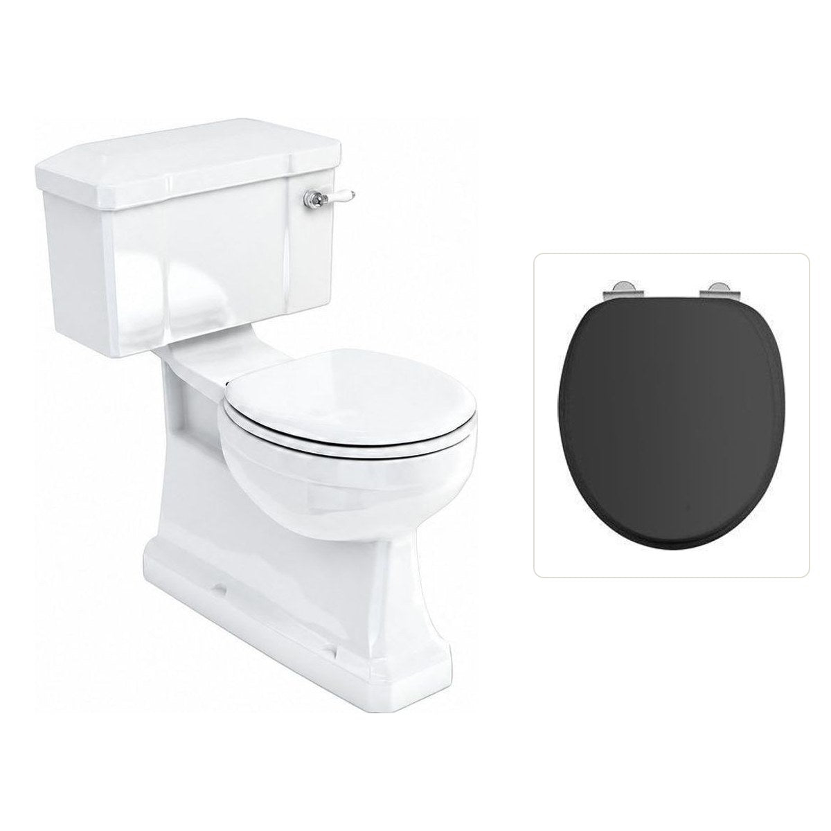 Toalettstol Burlington standard smal cistern 44 cm S-lås med soft close-sits och spolvred i krom, sits matt svart