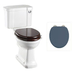 Toalettstol Burlington standard smal cistern 44 cm med soft close-sits och spolknapp i krom, sits blå