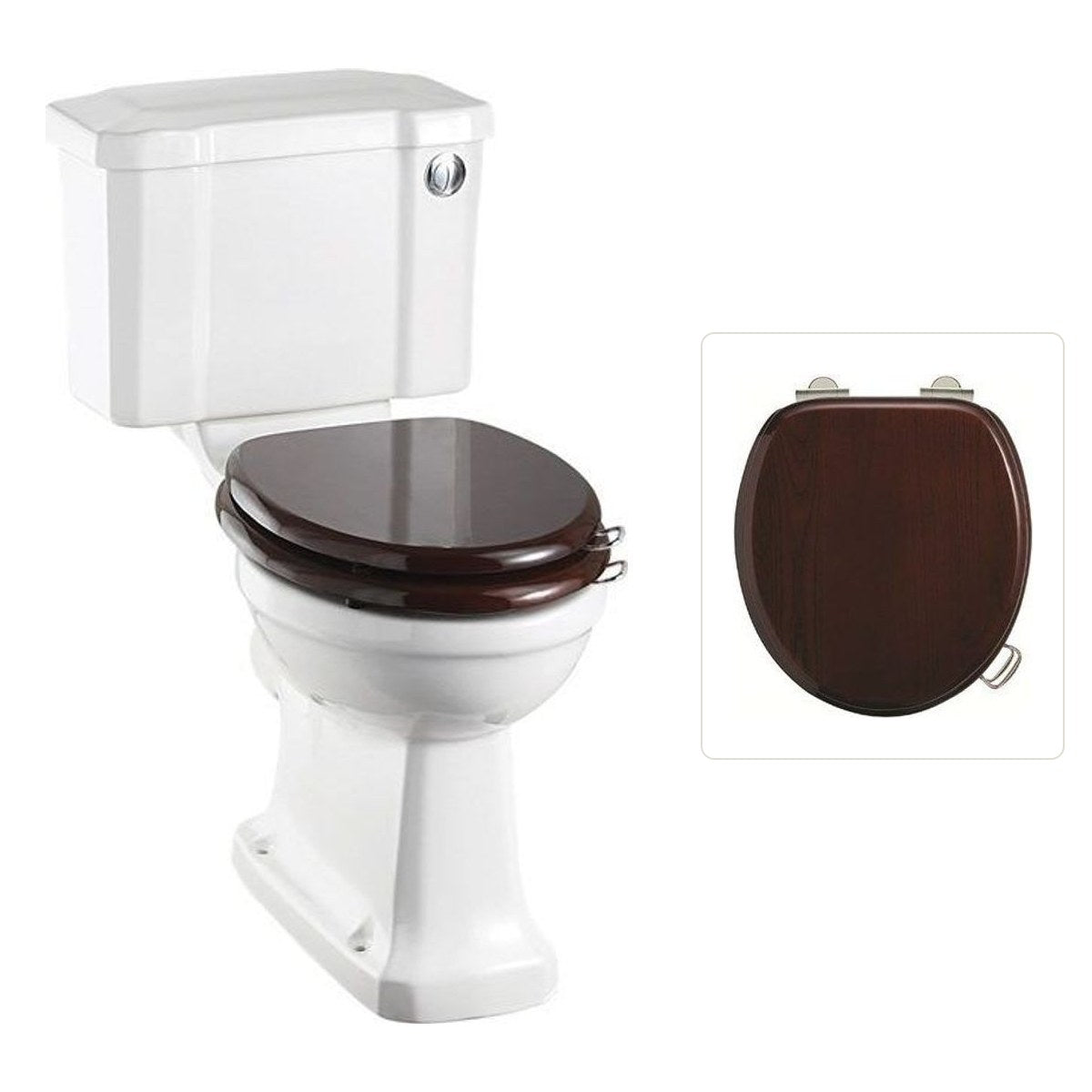 Toalettstol Burlington standard smal cistern 44 cm med soft close-sits och spolknapp i krom, sits blank mahogny