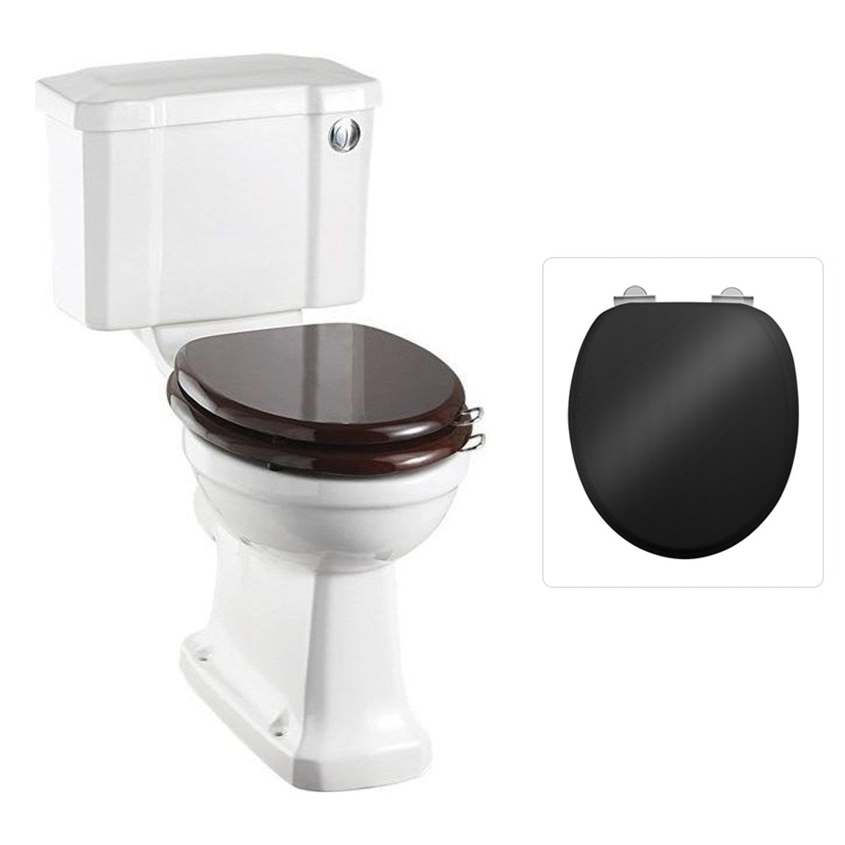 Toalettstol Burlington standard smal cistern 44 cm med soft close-sits och spolknapp i krom, sits blank svart