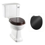 Toalettstol Burlington standard smal cistern 44 cm med soft close-sits och spolknapp i krom, sits blank svart