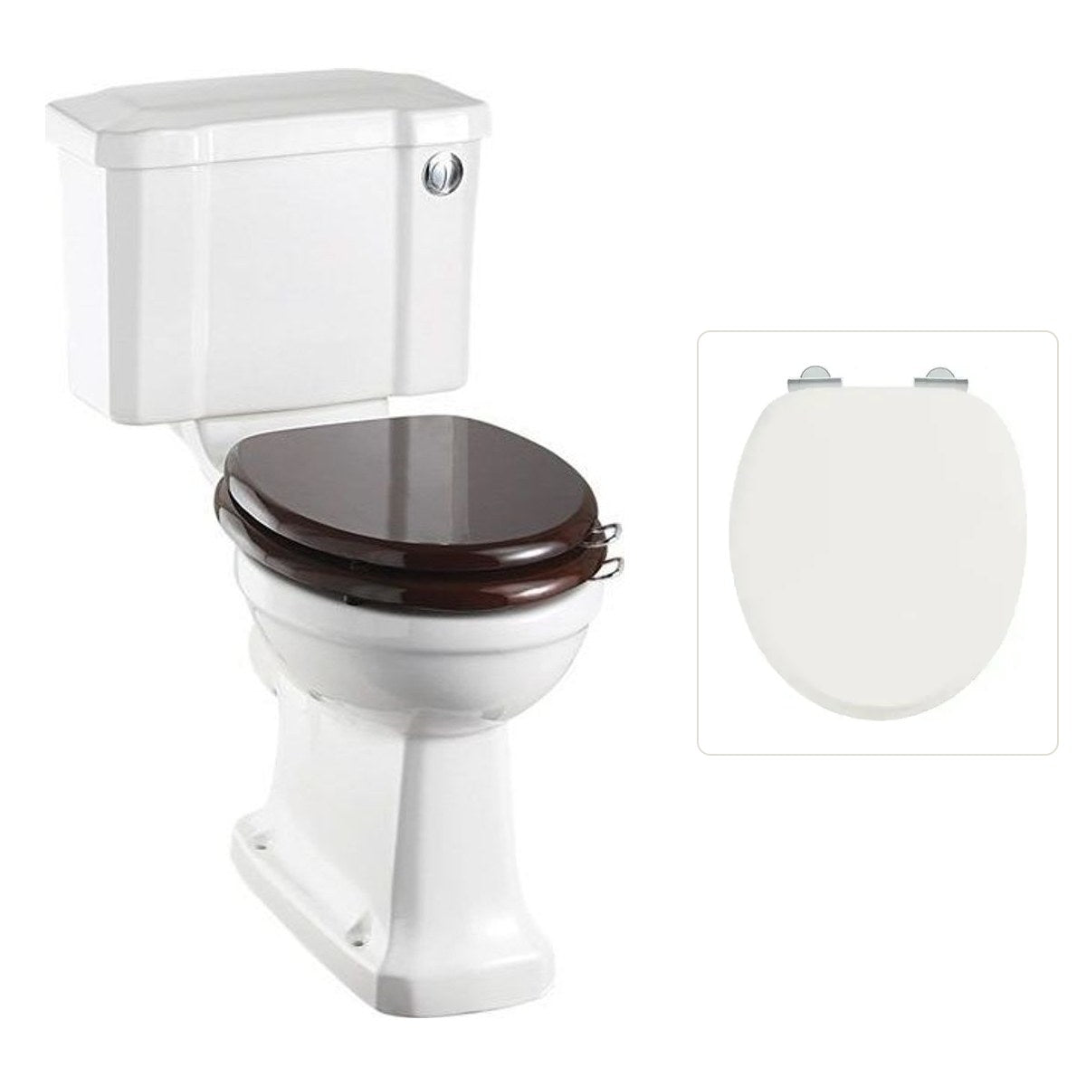 Toalettstol Burlington standard smal cistern 44 cm med soft close-sits och spolknapp i krom, sits blank vit