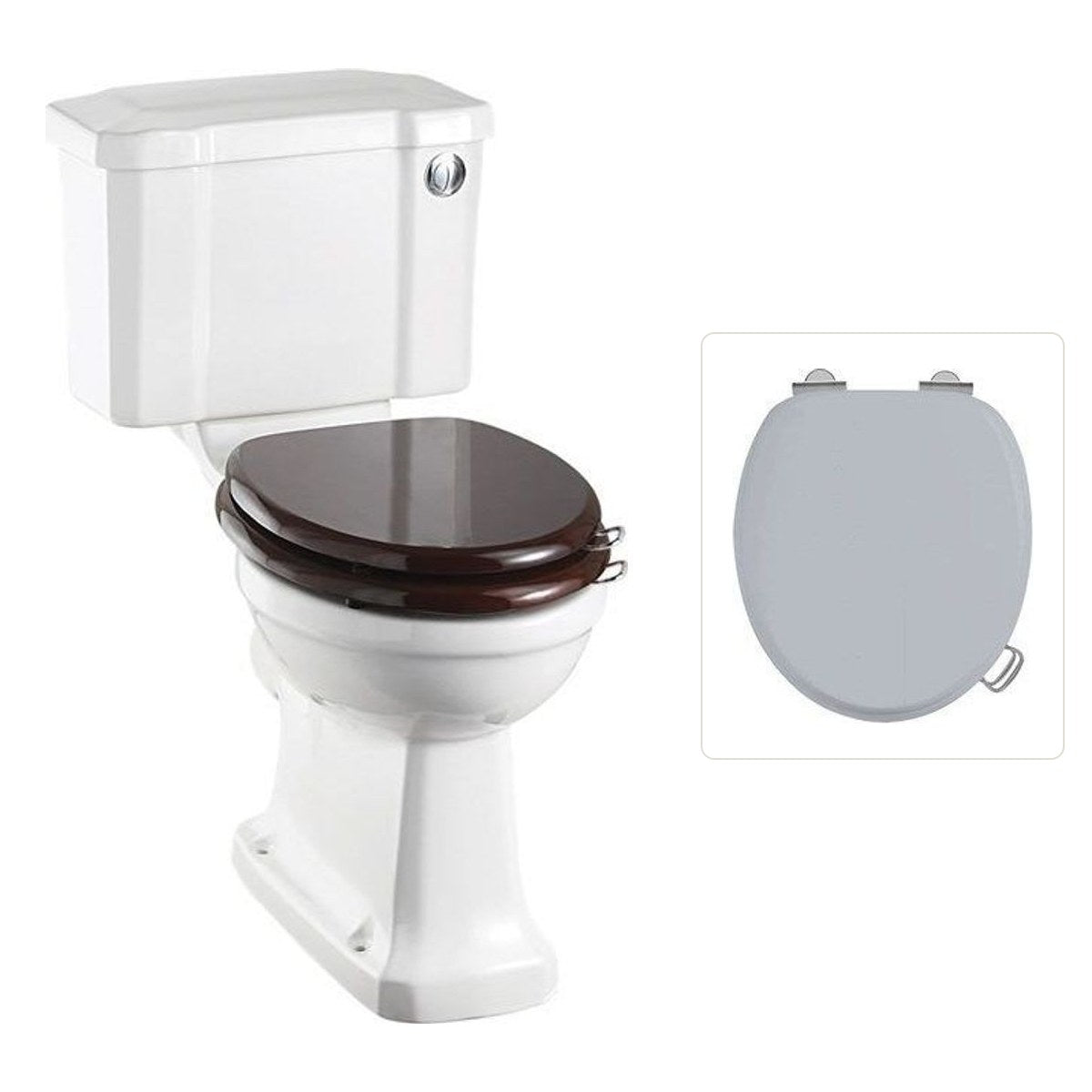Toalettstol Burlington standard smal cistern 44 cm med soft close-sits och spolknapp i krom, sits grå