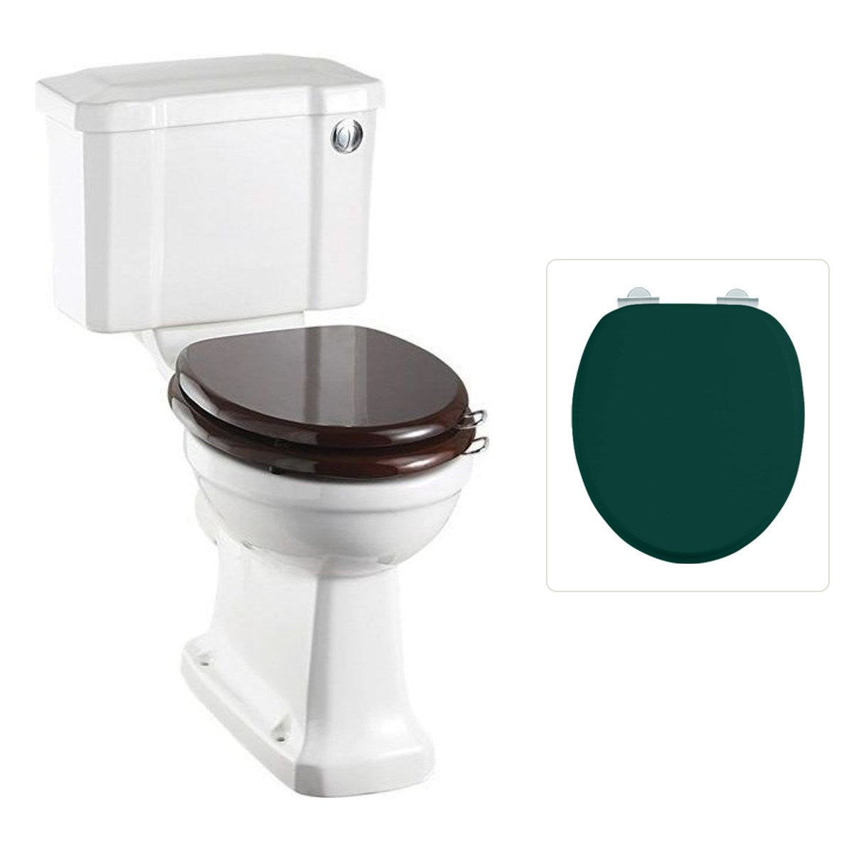 Toalettstol Burlington standard smal cistern 44 cm med soft close-sits och spolknapp i krom, sits matt grön